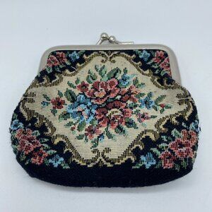Vintage Tapestry Embroidered Floral Coin Purse Metal Frame Hong Kong 4x4